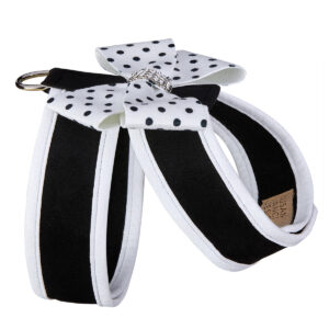 Black and white polka dot Tinkie harness with white trim and bow, designed for small dogs, by Susan Lanci Designs, perfect for stylish pet fashion.