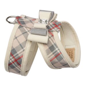 Dog harness with a large bow and plaid pattern, designed for stylish pet accessories, from Paws With Fashion, featuring a comfortable fit and decorative bow detail.