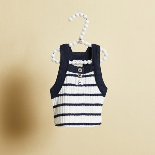 Louisdog Stripes Tank Top is a knit dog shirt in white and navy stripes with decorative buttons.