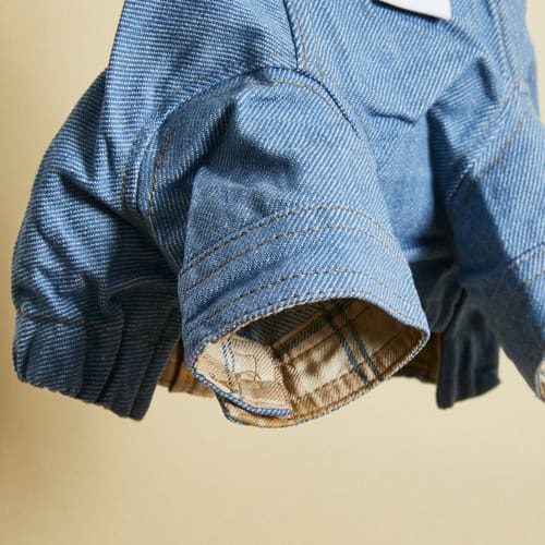 Denim dog shirt with rolled-up sleeve detail, stylish pet clothing, casual pet apparel for dogs, Paws With Fashion.