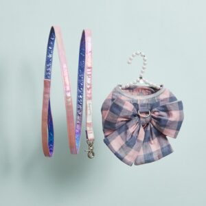Louisdog Walk With Me Blush Picnic pink and blue-grey checked bow dog harness with iridescent leash