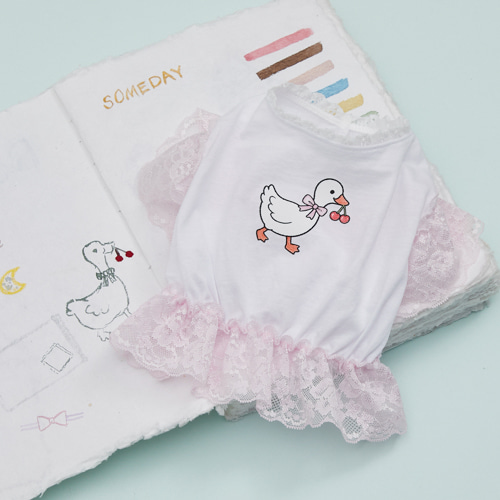 Fluffy Sketch TEE by Louisdog goose print designer dog t-shirt with pink lace
