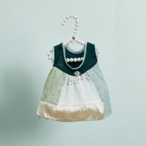 Front of Louisdog Bluebell Dress with ivory lace panel and small rose