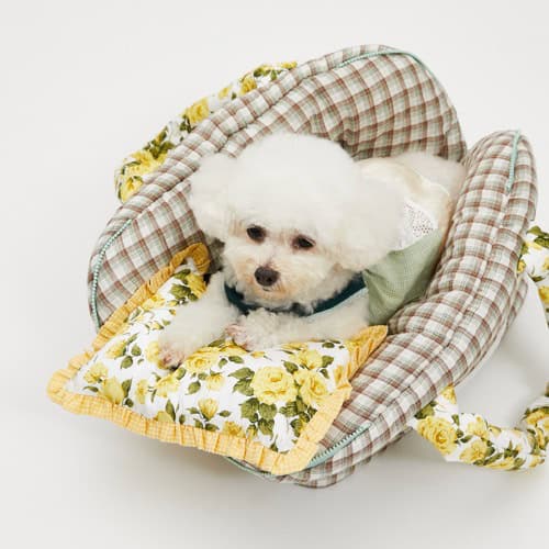 Small Louisdog Little Mellow Pillow styled inside a dog carrier