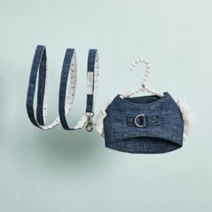 Louisdog Denim Dot dog harness with layered ruffles and matching leash
