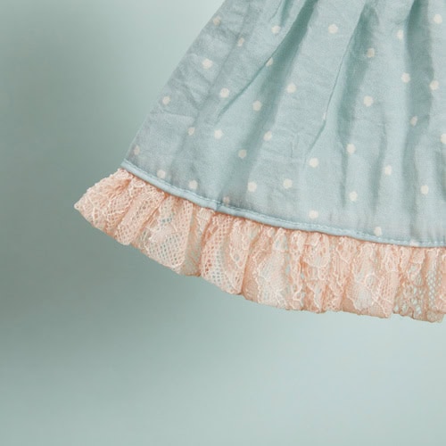 Peach lace-frill hem on mint Louisdog Willow Dog Dress