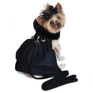 Black Wool  Fur-Trimmed Dog Harness Coat