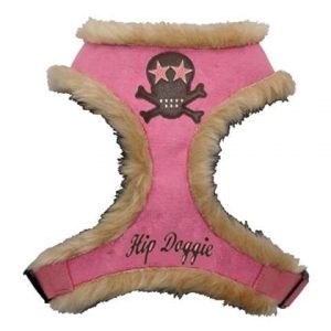 Pink pet harness with skull and star design, faux fur trim, and "Hip Doggie" branding, ideal for stylish dog fashion and comfort.