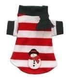 Festive Christmas sweater for dogs with red and white stripes, Santa snowman design, and holiday-themed accessories. Perfect for holiday festivities and pet fashion.