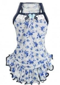 Cute blue floral dog dress with ruffled skirt, bow detail, and breathable fabric, perfect for fashionable small dogs.