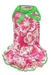 Pink floral dog dress with ruffled hem and bow accents, perfect for stylish pets; lightweight and comfortable for summer wear.