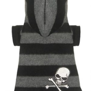 Stripe dog sweater with skull and crossbones design, perfect for fashionable pets during fall and winter. Stylish, comfortable, and ideal for small to medium dogs.