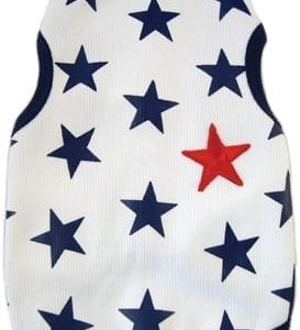 Stars and stripes pet sweater with a patriotic red star, navy blue stars on white background, perfect for patriotic events.