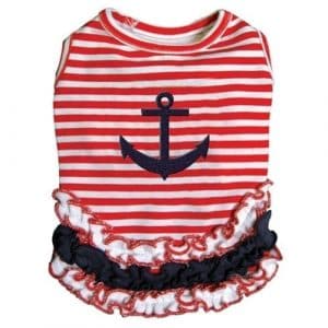 Red and white striped pet dress with navy anchor print and ruffled trim - perfect for nautical-themed fashion for dogs.