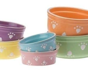 Colorful pet feeding bowls in pastel shades with paw print designs for dogs and cats, suitable for pet accessories and feeding needs.