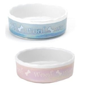 Dog bowls with "woof" designs, perfect for pets, available in blue and pink, durable ceramic material, stylish pet feeding accessories by Paws With Fashion.
