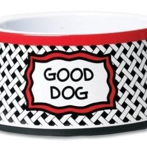 Stylish black and white pet bowl with red accents and "Good Dog" label, perfect for adding a fashionable touch to your dog's feeding routine.
