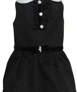 Black dog dress with white collar and pearl buttons, fashionable pet clothing for special occasions.