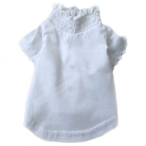 White dog shirt with ruffled collar for pets, small pet clothing, stylish pet apparel, fashionable dog outfit, Paws With Fashion dog clothing collection.