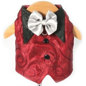 Red and black dog vest with a white bowtie, ideal for stylish pets, with embroidered swirl patterns for a fashionable look. Perfect for special occasions or everyday fashion.