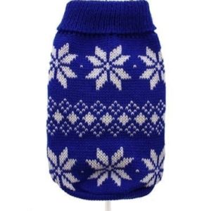 Blue knit pet sweater with white snowflake and diamond patterns, perfect for winter warmth and style.
