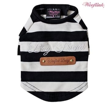 Stylish black and white striped dog sweater with leather accent, perfect for small dogs; from Paws With Fashion.