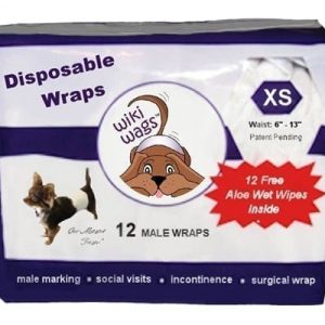 Disposable dog wraps for male dogs, size XS, with 12 aloe wet wipes inside, designed for male marking, social visits, incontinence, and surgical wrap needs. Perfect for pet owners managing pet hygiene and health.