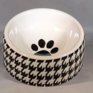 Stylish black and white houndstooth patterned pet bowl with paw print design, perfect for fashionable dog or cat feeding bowls.