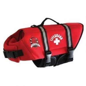 Red dog life jacket with rescue emblem and adjustable straps for pet safety during water activities.
