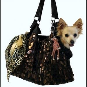 Leopard print pet handbag with dog accessories, perfect for fashionable dog owners who want to carry their small pets in style.