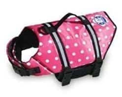 Pink polka dot dog life jacket with adjustable straps and safety features, ideal for aquatic activities and water safety עבור dogs.