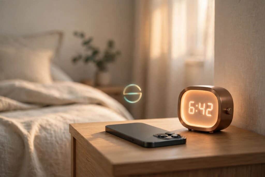 Phone resting face-down on a nightstand in soft morning light, representing protecting your morning from financial stress triggers