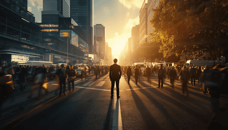 Calm investor standing at crossroads between chaotic busy city and peaceful golden light, symbolizing disciplined financial decision-making