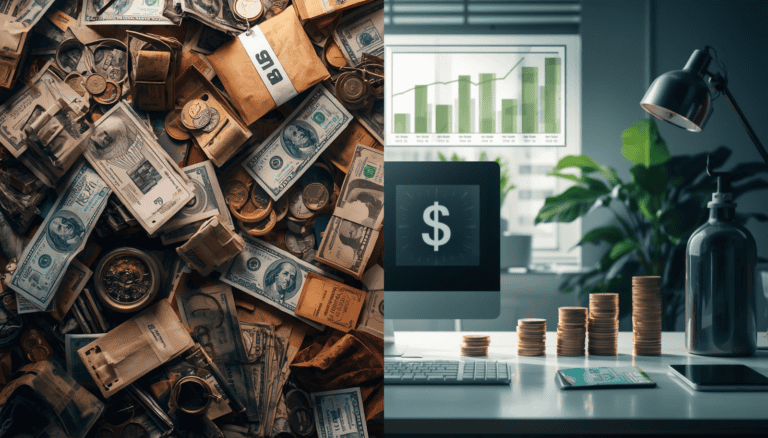 Split-screen showing cluttered debt papers and bills on left contrasted with organized workspace and upward growth charts on right