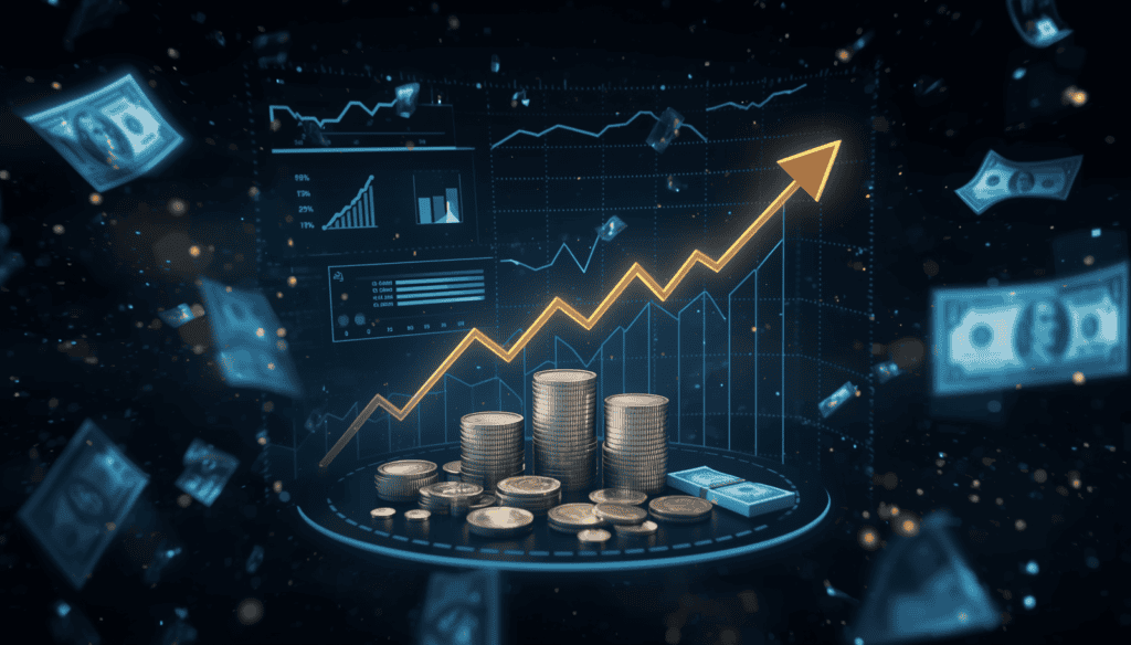 Futuristic holographic dashboard in space showing upward growth charts with floating dollar bills, coins, and broken chains transforming into arrows