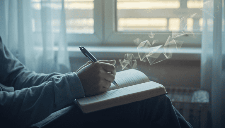Person writing in journal by window as ethereal light and geometric shapes drift away, symbolizing mental clutter transforming into peace