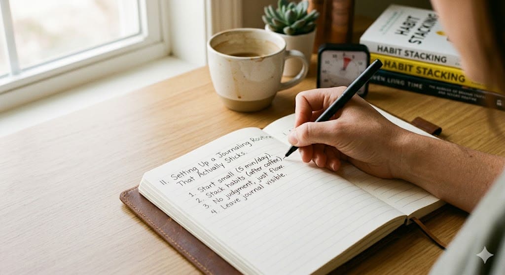 Person writing in a journal at a desk, building a consistent financial journaling routine