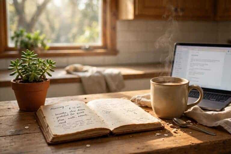 A calm morning kitchen scene with coffee and a journal, representing morning money habits that lead to better financial decisions