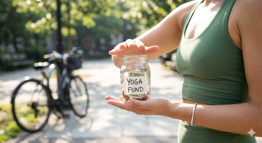 A person holding a jar for their yoga fund, illustrating the connection between physical wellness and intentional financial habits.