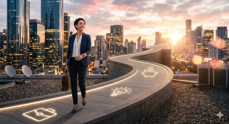 A confident businesswoman walking an illuminated, upward-trending path with icons on a city rooftop at sunrise.