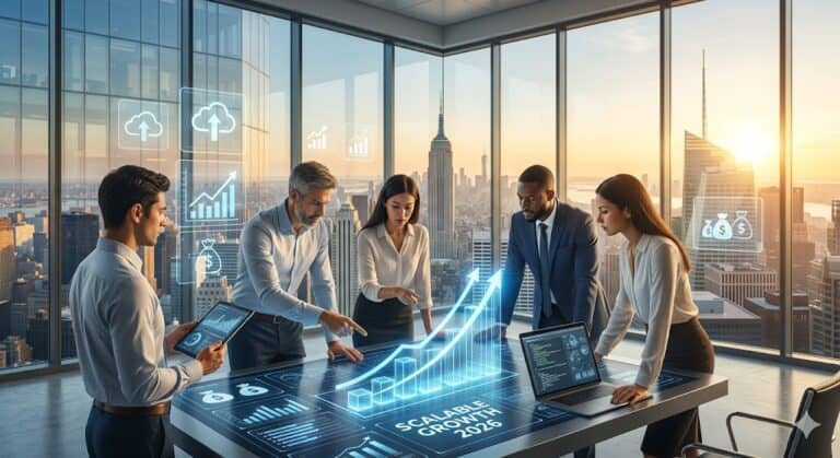 Business professionals collaborating on a digital growth plan in a modern conference room