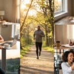 A multi-panel composite image depicting diverse people engaged in positive daily habits, including meditation, running in nature, journaling, reading, and celebrating achievements with colleagues.