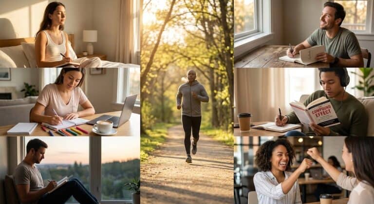 A multi-panel composite image depicting diverse people engaged in positive daily habits, including meditation, running in nature, journaling, reading, and celebrating achievements with colleagues.