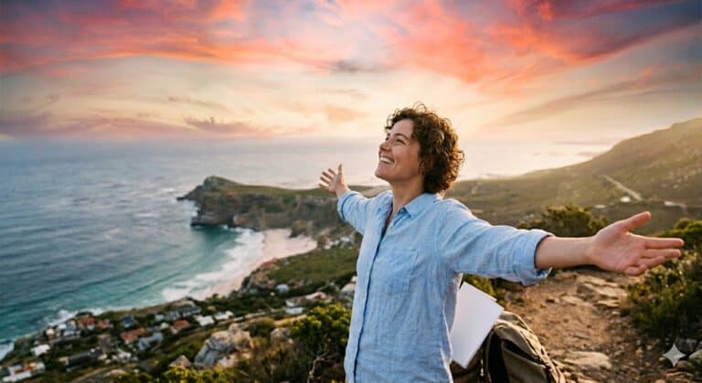 A person standing on a mountain overlooking a scenic coastline at sunset with arms wide open, representing the feeling of freedom and success.
