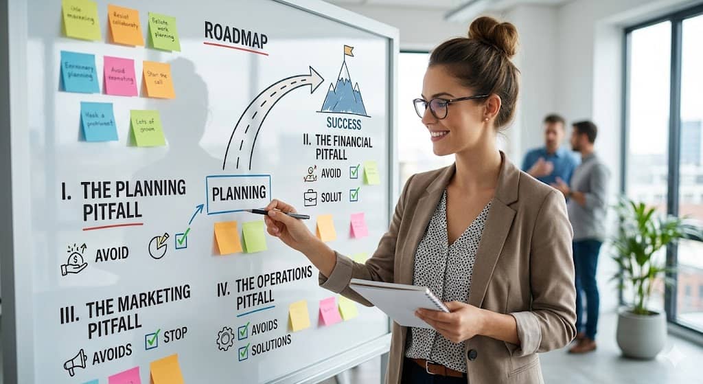 A smiling female entrepreneur standing in a bright office, mapping out solutions to planning, financial, marketing, and operations pitfalls on a whiteboard.