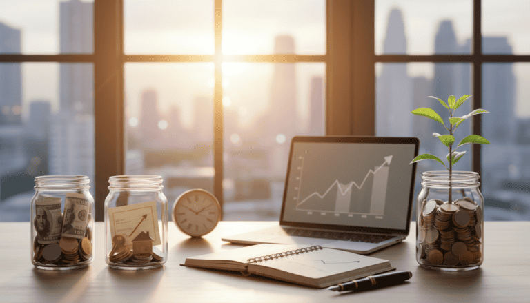 Sunlit desk with glass coin jars, a growing plant sprout, financial charts, and a laptop.