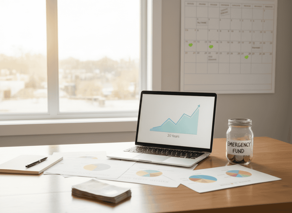 A minimalist wooden desk with a laptop displaying a financial growth chart next to a glass jar labeled "Emergency Fund" filled with cash.