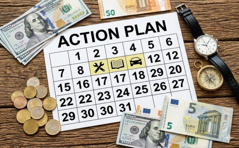 A calendar with an "Action Plan", cash, and a watch on a wooden desk.