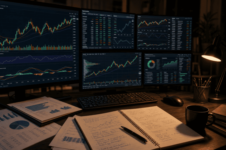 Glowing trading monitors displaying candlestick charts and technical indicators on a dark analyst's desk.