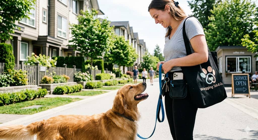 A friendly, professional pet care provider standing on a sidewalk with a golden retriever, representing a local service-based business.